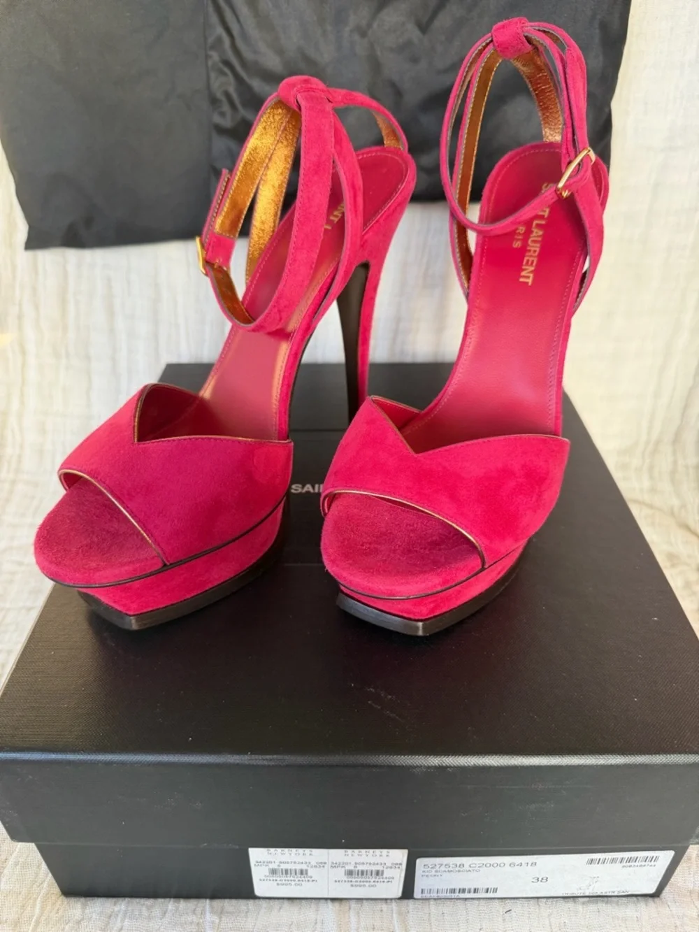 Saint Laurent Berry Red Suede Ankle-Strap Heels with Gold Trim - Picture 2 of 12